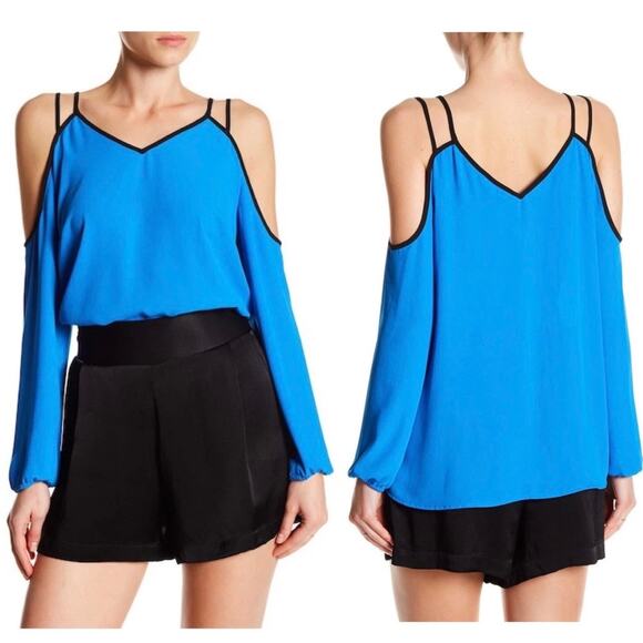 1. state Cold Shoulder Crepe Game On Blouse Electric Sky Size XS - Picture 2 of 8